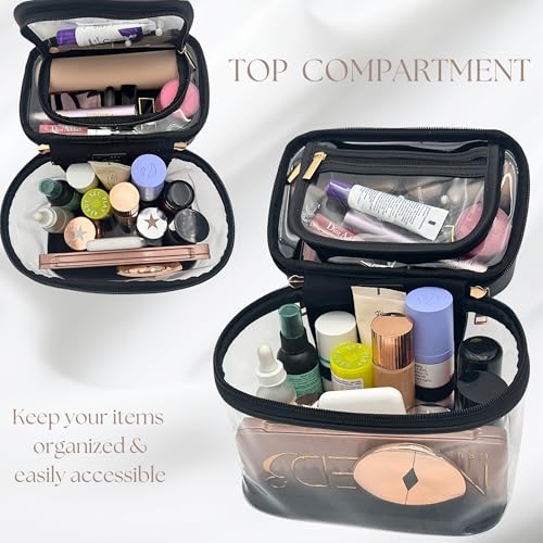 JAZD Clear Makeup Bag Toiletry Bag for Women Cosmetic Large Capacity Travel Make Up Bag Organizer Transparent Train Case TSA Approved (BLACK)