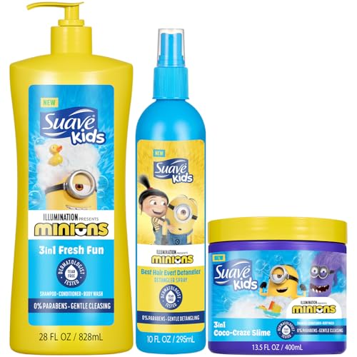 Suave Kids Minions Hair Products Bundle ??3-in-1 Coco-Craze Slime & Fun Fresh Shampoo, Conditioner & Body Wash + Detangler Spray, 28 Oz Ea (3 Piece Set)