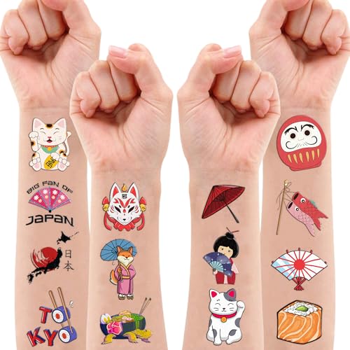 96PCS Japanese Temporary Tattoos Themed Japan Birthday Party Decorations Decor Supplies Favors Sushi Lattern Tattoo Stickers Gifts For Boys Girls Kids School Prizes Carnival Winter Xmas Chritsmas