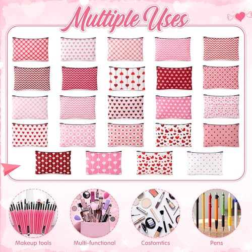 24 Pcs Valentine's Day Makeup Bags Bulk Galentine's Day Gifts for Women Canvas Cosmetic Bags with Zipper Heart Pink Stripes Plaid Wave Patterns Bag Valentine's Party Favors
