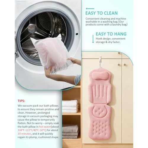 Full Body Bath Pillow for Bathtub, 5D Thick Tub Pillow for Bathtub with 192 Non-Slip Suction Cups, Laundry Bag & Hook, Bathtub Pillow for Head, Neck & Back Support (Pink, 51"*15")