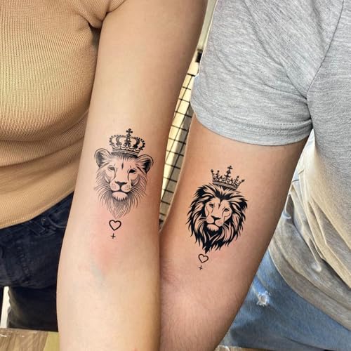 Semi Permanent Tattoos, 2 Sheets Tiny Realistic Temporary Tattoos for Women Men Arm, Fake Tattoo for Party, Waterproof No Reflective, Lasts 2 Weeks (Regal Crown Lion-Head Couple Designs)