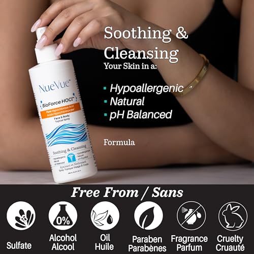 BioForce HOCl - Pure Hypochlorous Acid Spray for Face & Body - Acne-Prone Skin & Eczema, Piercing aftercare, Made in Canada, Gentle Skin Cleanser & Toner, pH Balanced, Non-comedogenic - NueVue (8.2oz)
