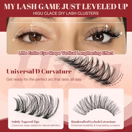 Higu clace Lash Clusters Kit 580pcs 30D+40D+50D+60D+80D+100D Lash Clusters 6 Styles Mixed 10-18MM With Bond And Tweezer, Wispy Cluster Eyelash Extensions, Easy to Use, Can DIY at Home
