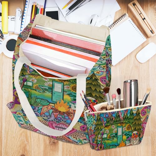 Hippie Gifts£¬2PCS Makeup Cosmetic Bag Canvas Tote Bag Beach Bag for Shopping Office, Hippies Van Hippie Decor Stuff Retro Camper Car Camping Gifts for Women Friend Girl Birthday Friendship Christmas