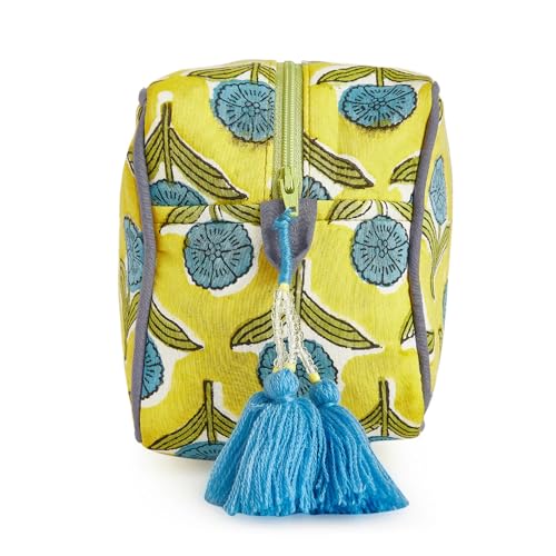 Travel Makeup Bag- Large Capacity Cosmetic Bags for Women - Water Resistance Lining Portable Pouch & Open Toiletry Bag - Perfect Girls Makeup Organizer for Travel Essentials (Blue & Yellow Floral)
