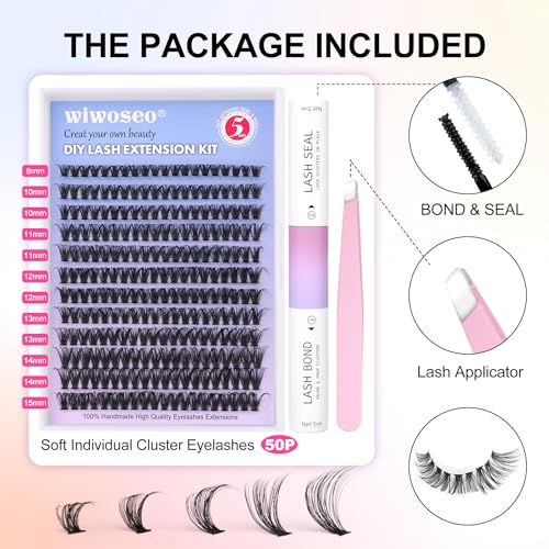 DIY Lash Extension Kit, 240Pcs Lash Cluster Individual Eyelash Extension Kit Natural Volume DD Curly Cluster Lashes with Lash Bond and Seal, Application at Home DIY Eyelash Extensions Kit(50p, 9-16MM)