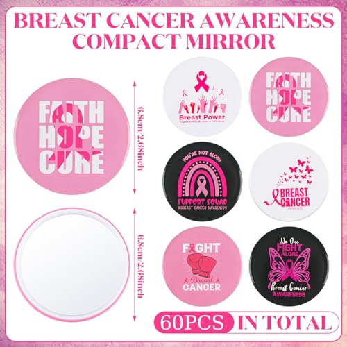 Soaoo 60 Pcs Breast Cancer Awareness Gifts for Women Pink Ribbon Pocket Mirror Bulk Round Portable Compact Mirror 2.68 Inch Makeup Mini Mirror Breast Cancer Awareness Accessories for Women