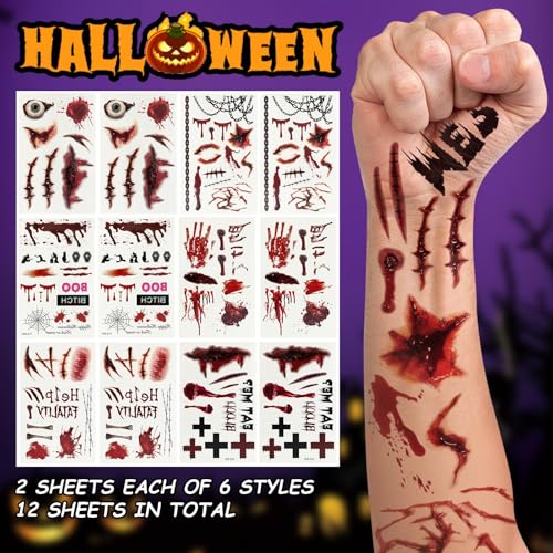 12 Sheets Fake Scars Tattoo Temporary Halloween Makeup Kit, Realistic Halloween zombie makeup Fake Bloody Wound Stitch Scar Tatoos Halloween Masquerade Prank Makeup Props