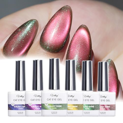 vettsy Magnetic Gel Nail Polish Set with Magnet, 6 Colors Cat Eyes Gel Polish Kit with Cat Eyes Effect for DIY Nail Art Manicure at Home (Galaxy Shine)