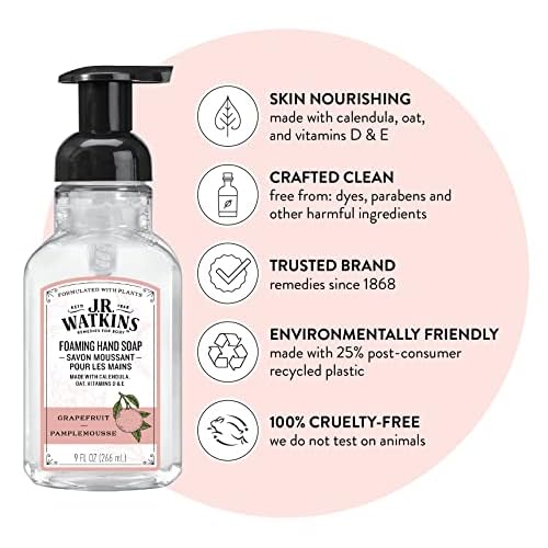 J.R. Watkins Foaming Hand Soap with Pump Dispenser, Moisturizing Foam Hand Wash, Alcohol-Free and Cruelty-Free, Pamplemousse/Grapefruit, 9 fl oz, 3 Pack