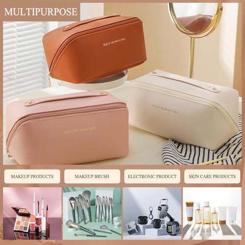 Makeup Bag Cosmetic Bag,Portable Pouch Open Flat Toiletry Bag Make up Organizer with Divider, Handle and small cosmetic bag Travel Essentials (Rouge)