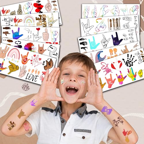 107 PCS ASL Temporary Tattoos Themed Birthday Party Decorations Favors Supplies D?cor Funny American Sign Language Colorful Tattoo Stickers Gifts for Game Boys Girls Classroom School Prizes Reward
