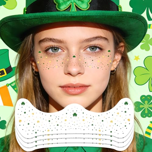 St Patricks Day Accessories Metallic Gold & Green Shamrock Freckles Temporary Tattoos - Shimmer Foil Clover Face Stickers for Women Girls, Waterproof Sparkle Irish Party Makeup (8 Sheets)