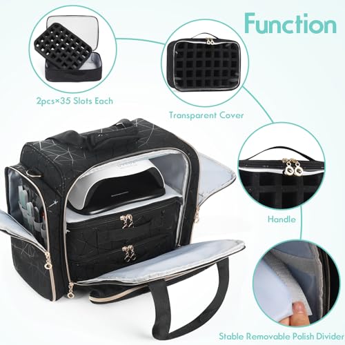 Nail Polish Organizer Case -Holds 70 Bottles (15ml-0.5 fl.oz) and 1 Nail Lamp -Nail Storage Organizer PU Leather with 2 Separate Nail Polish Holder and Manicure Tools Storage-Black