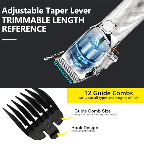 Professional Hair Clippers for Men, Electric Cordless Clippers and Trimmers Set, Nose Hair Beard Trimmer, Hair Cutting Barber Clippers with Guards, T Liners Edgers Clippers for Mens (Silver)