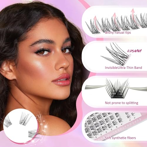 Natural Lash Clusters Kit DIY Lash Extensions Wispy Eyelash Clusters Kit Cat Eye Cluster Eyelash Extensions Salon 150-Hour Wear, 5-16mm Individual Lashes with Bond and Seal, Remover At Home 180pcs