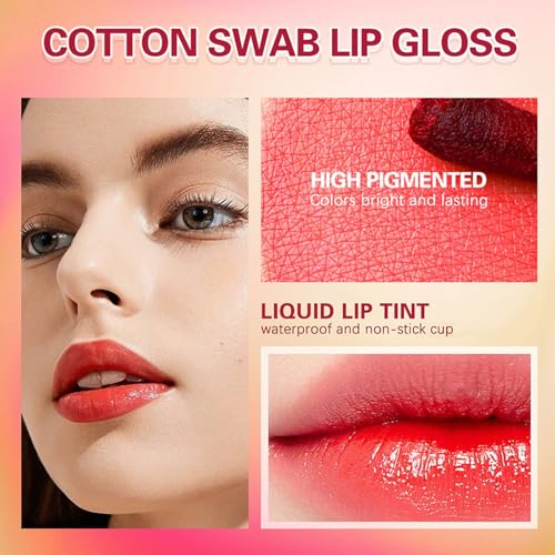 Lip Tint Cotton Swab, 20 Pcs Waterproof Non-Stick Cotton Swab Lipstick Long Lasting Q Tip Lip Tint Stain, Cute Lip Makeup Products(Pomegranates)