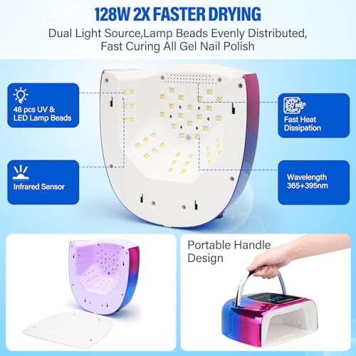UV LED Nail Lamp Cordless,128W Portable Rechargeable UV Light for Gel Nails, Professional Gel Light Dryer with 3Timers Auto Sensor Nail Machine Curing Lamp for Salon & Home