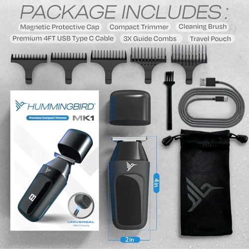 HUMMINGBIRD MK1 Compact Trimmer ? Portable Electric Beard & Body Hair Trimmer for Men, Cordless USB-C Rechargeable, Face & Body Groomer, Travel Shaver, Travel Pouch, Great Gifts for Men, Dad, Husband