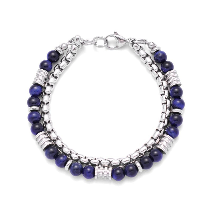 Men's Lapis Lazuli Bead Chain Bracelet - Stainless Steel, Blue Stone Jewelry