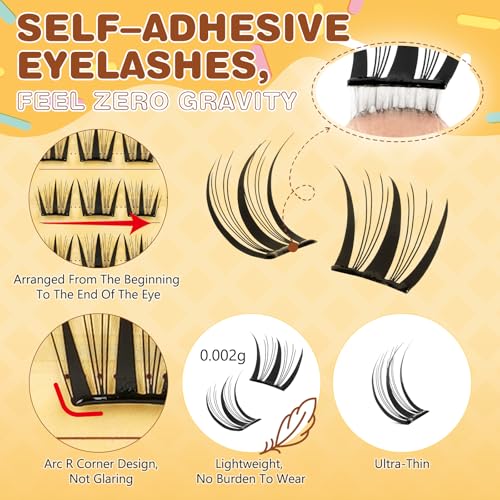 QUEWEL Self Adhesive Eyelashes, Pre Glued Eyelashes Clusters 90Pcs Manga Lashes No Glue Needed,D Curl Pre Glued Lashes With Tweezers for Cute Makeup ooks, Easy And Quick To Wear(ZZBP03)