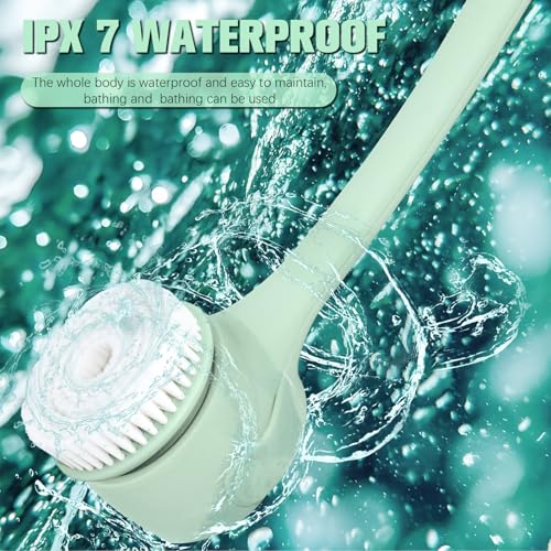 Electric Body Brush Back Scrubber for Shower, Waterproof Long Double-Handled Four-Head Electric Body Scrubber, Rechargeable Bath Brush, for Cleaning, Exfoliation and Skin Massage (Mint Green)