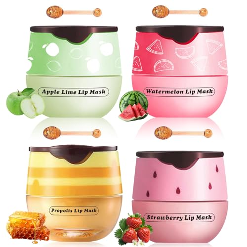 Bee Lip Balm Honey Pot, 4pcs Propolis Lip Mask Overnight Moisturizing Fruity Lip Balm with Stick, Hydrating Prevention Dry and Cracked Lip Scrubs Exfoliator Lip Care
