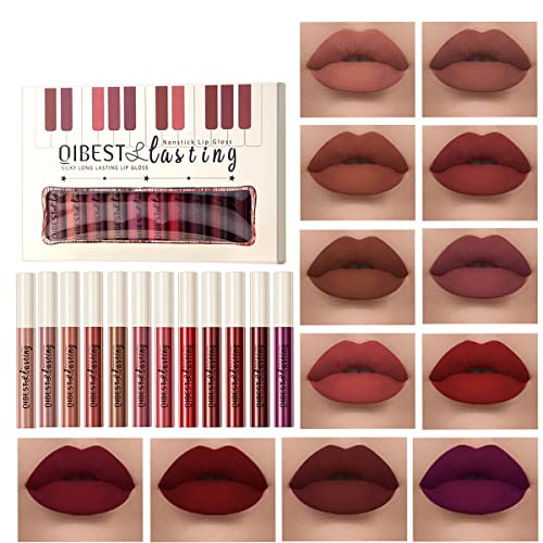 12Pcs Matte Liquid Lipstick Set, Dark Bright Red 24-hour Lip Gloss Kit Long-Lasting Waterproof Lip Stain Non-Stick Cup Not Lipgloss Set for Women