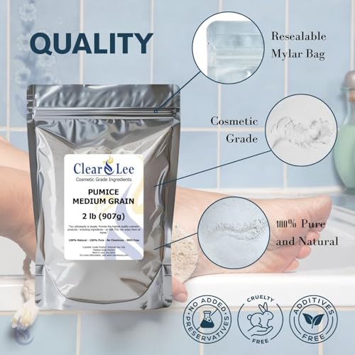 ClearLee Cosmetic Grade Pumice - 100% Pure Natural Grain/Powder - Great For Skin Exfoliation in DIY Soaps, Masks, Scrubs for Face, Body, Foot (2lb, Medium Grain)
