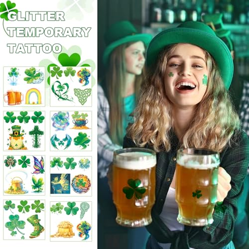 24 Sheets St. Patrick's Day Glitter Shamrock Temporary Tattoos, St Patricks Day Decorations Favors Supplies Waterproof Saint Patrick's Day Accessories Clover Tattoos Irish Party Leprechaun