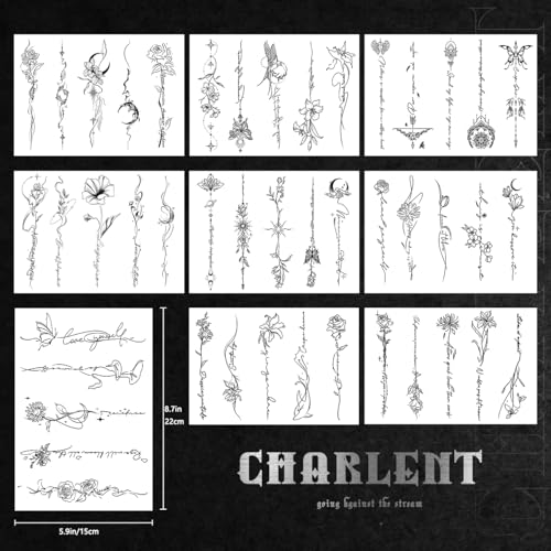 Temporary Tattoos for Women Girls - 45 Pcs Line Flower Words Sketch Realistic Long Last Fake Tattoos Waterproof Minimal Line Art Tattoos for Arm Backbone Leg Body