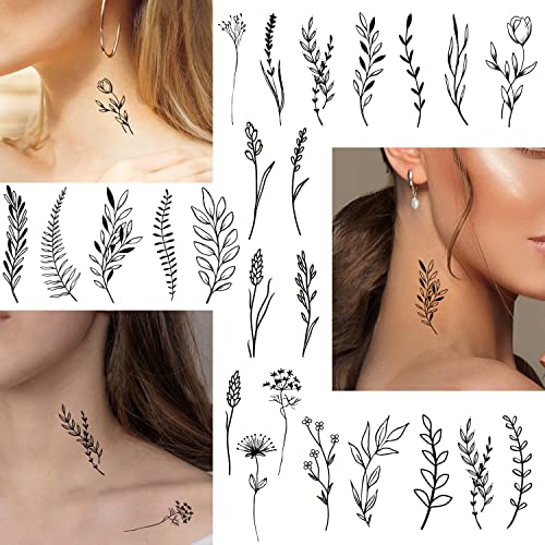Cerlaza 75 Styles Tiny Black Flower Branch Temporary Tattoos For Women, 16 Sheets Realistic Wild Flower Floral Small Fake Tattoo Adults, Christmas Tattoo Stickers for Hands Legs Body Sticker