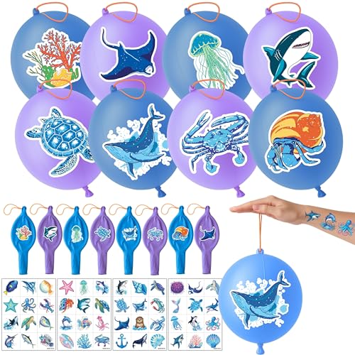 72 PCS Ocean Party Favors for Kids ? 48 Pre-Cut Temporary Tattoos & 24 Ocean Punch Balloons Themed Birthday Party Decorations Supplies Favors Gifts, Goodie Bag Fillers, Classroom Rewards