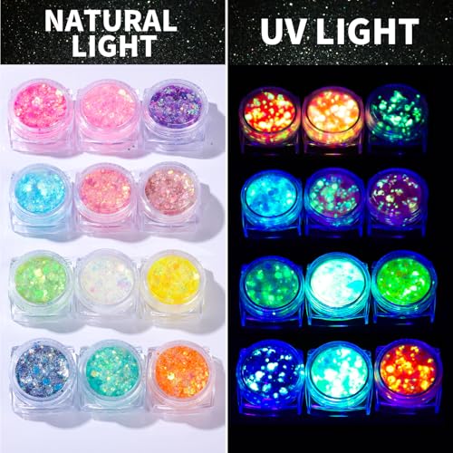 Teenitor 12 Colors Glow in The Dark Glitter Gel, Face Glitter Body Glitter Gel Hair Glitter for UV Black Light Carnival Makeup Raves Festivals