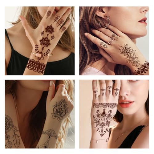 20 Sheets Brown Henna Tattoo Kit, Lace Fake Tattoos Temporary Waterproof Henna Tattoo Stickers Body Art Decorations for Women Wedding Party
