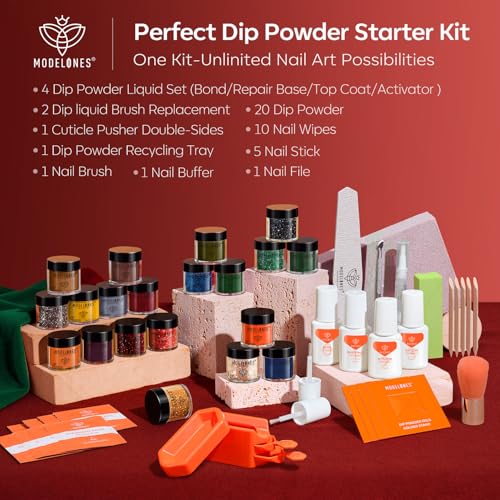 Modelones Christmas Dip Powder Nail Kit 20 Colors, Red Green Brown Orange Glitter Dipping Powder Starter Set Base&Top Activator Liquid French Nail Art Salon DIY Kit Gifts for Women