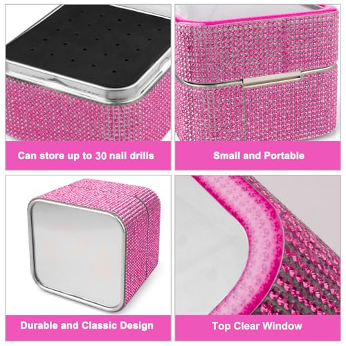 30Pcs Nail Drill Bits Set with Rhinestone Storage Box, 3/32 Inch Ceramic Diamond Carbide Nail Drill Bits for Acrylic Gel Polish, Cuticle Efile Remover for Manicure (Pink)