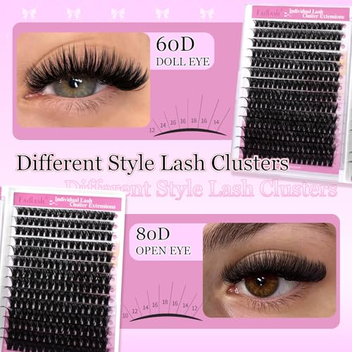 FADLASH Lash Clusters 60D+80D Fluffy Eyelash Clusters 10-18mm Clusters Eyelash Extensions D Curl Individual Lashes Natural and Volume DIY Lash Extensions