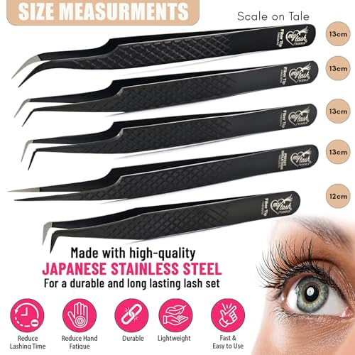Fiber Tip Lash Tweezers Set for Eyelash Extensions ? Curved Classic, Mega 90 Degree Boot, 45 Degree Angle & Isolation Tweezer, Stainless Steel Precision, Non Slip Professional Application Kit