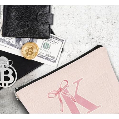 Initial Coquette Pink Bow Makeup Bag,initial K Personalized Teen Girl Gifts,Trendy Preppy Cute Monogrammed Gifts Girly Makeup Pouch Zipper Pouch for Women Teen Girl