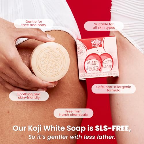 Koji White Kojic Acid Bump Eraser Body Scrub Soap for Exfoliation Butt, Elbow, Underarm with Glutathione, Coenzyme Q10, Skin Brightening for Fade Dark Spots, Fine Lines and Wrinkles, 2.82 oz (2 Bars)
