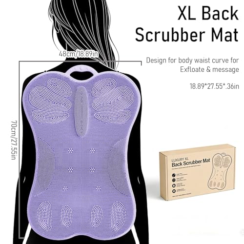 Shower Back Scrubber Wall Mounted for Women XXL | Silicone Bath Body Brush Massage Scratcher Mat with Back Support Anti-slip Suction Cups | Exfoliating Skin Care Luxury Bathtub Cushion Pad Purple