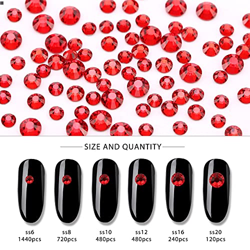 Nibiru 3830Pcs Red Multi Shapes Rhinestones Glass Diamonds Kit for Nail Art Jewels Decoration, Shiny Flatback Mix Size with Wax Pen