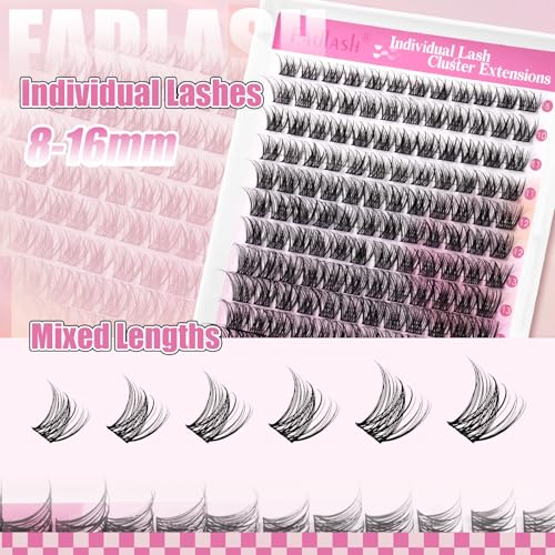 FADLASH Lash Clusters Wispy Eyelash Clusters D Curl 8-16mm Cluster Eyelash Extensions 168Pcs Individual Natural Lashes with Black Thin Band Soft and Reusable (GS49, 8-16mm)