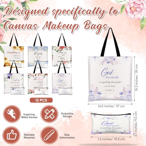 12 Pcs Christian Gift Bible Tote Bags for Women Christian Makeup Bags Bulk Inspirational Religious Floral Canvas Church Bag Reusable Bible Verse Toiletry Pouch for Women Travel Gift