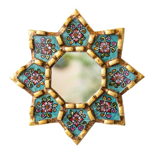 Turquoise Hanging Round Wall Mirror Living Room Decor- Peruvian Painted Glass Mirror Valentines Day Gift for Women - Ornate Mirror on The Wall