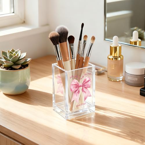 God's Plan is Worth The Wait Acrylic Cosmetic Holder, Pink Bow Clear Makeup Brush Holder Countertop, Storage Box for Makeup, Christian Bible Verses Birthday Gifts for Women Girlfriend Her