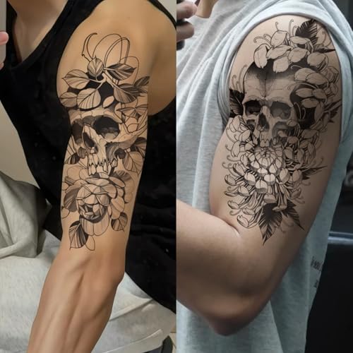 12 Sheets Temporary Tattoo for Men Women Adults, Black 3D Half Sleeve Temporary Tattoos, Halloween Large Fake Tattoos Flower Scary Lion Wolf Butterfly Skull Skeleton Tattoos Stickers Q1015