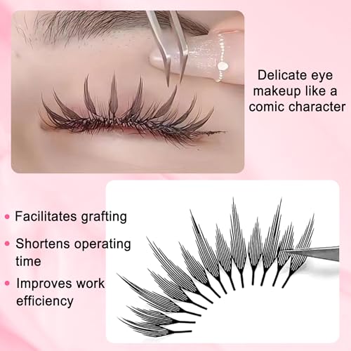 CoMango Premade Spire Lashes Anime Lash Fans C/D Curl Manga Spiky Natural Wispy Lash Extension Feather Shape Comic Lashes 0.07mm lndividual Lashes (Black Spire, 0.07-C-13mm)